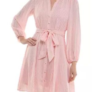 Women's Long Sleeve V-Neck Striped Tie Waist Fit and Flare Dress